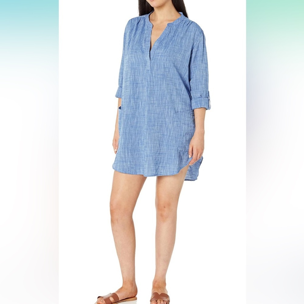 Seafolly > Blue Chambray Cotton V Neck Rolled Sleeves Coverup Tunic Medium